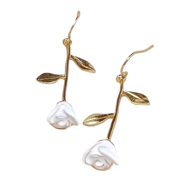 Elegant White Rose Flower Golden Leaf Dangle Earrings  - 18K Gold Plated - Picture 3 of 3